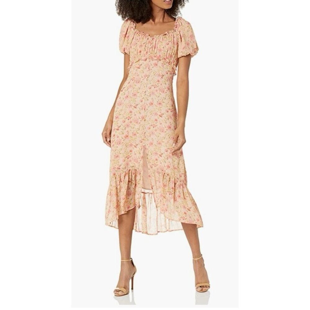 ASTR Puff Sleeve Midi Dress in Blush Multi Floral Medium
